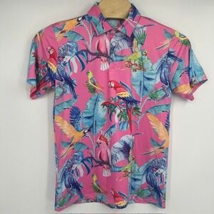 Proud 90 Mens Pink Tropical Parrot Print Performance Golf Polo Shirt Size M